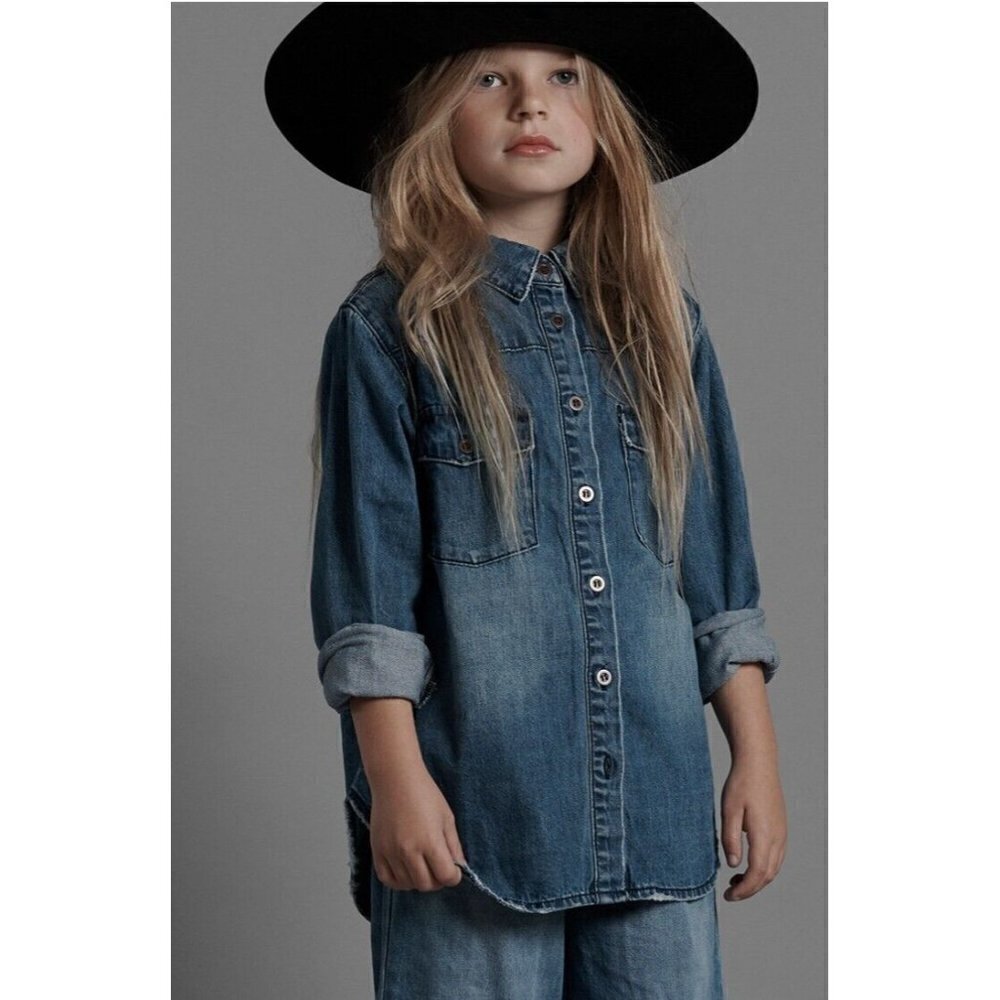 New One Teaspoon Denim Vintage Shirt Girls 6-7 Ranch Blue Long Sleeve